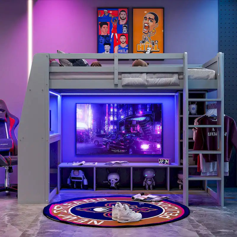Multifunktionales Hochbett aus Holz in Twin-Größe mit Schreibtisch, Regalen mit viel Stauraum, LED-Beleuchtung und Kleiderstange, kein Lattenrost erforderlich