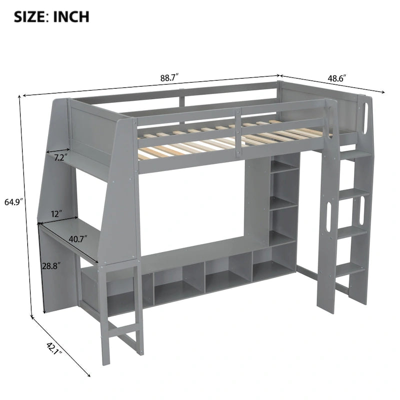Lit mezzanine multifonctionnel 1 place en bois avec bureau, étagères de rangement, éclairage LED et portant à vêtements suspendu, sans sommier requis