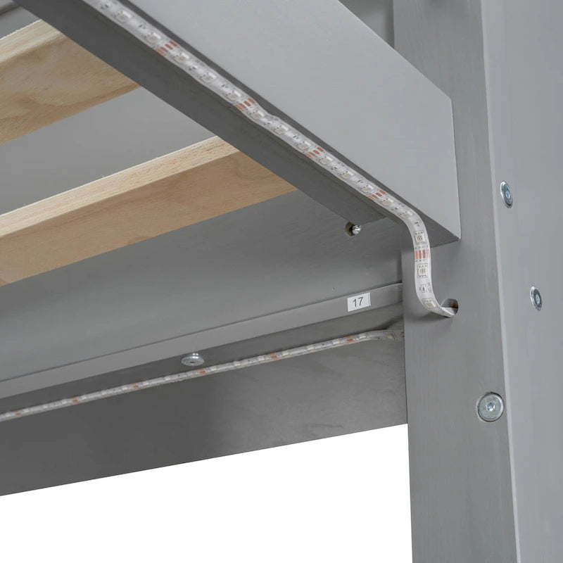 Multifunktionales Hochbett aus Holz in Twin-Größe mit Schreibtisch, Regalen mit viel Stauraum, LED-Beleuchtung und Kleiderstange, kein Lattenrost erforderlich