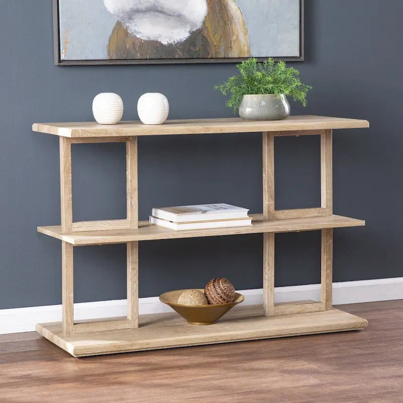 Natural Wood Rectangular Console Table with Floor Shelf and 2 Shelves - 42 L x 15.75 W x 28.5 H