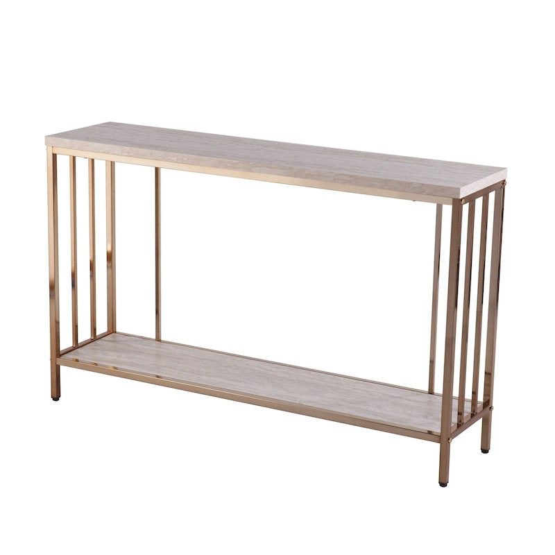 Console rectangulaire en fausse pierre couleur champagne avec base à étagère dorée - 47.5 L x 12 W x 29.5 H