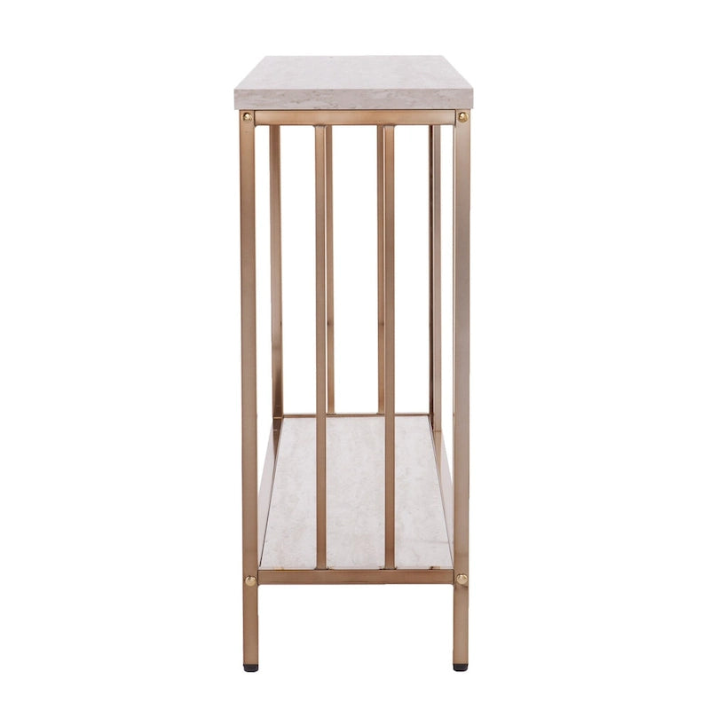 Console rectangulaire en fausse pierre couleur champagne avec base à étagère dorée - 47.5 L x 12 W x 29.5 H