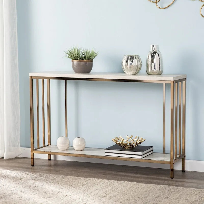 Console rectangulaire en fausse pierre couleur champagne avec base à étagère dorée - 47.5 L x 12 W x 29.5 H