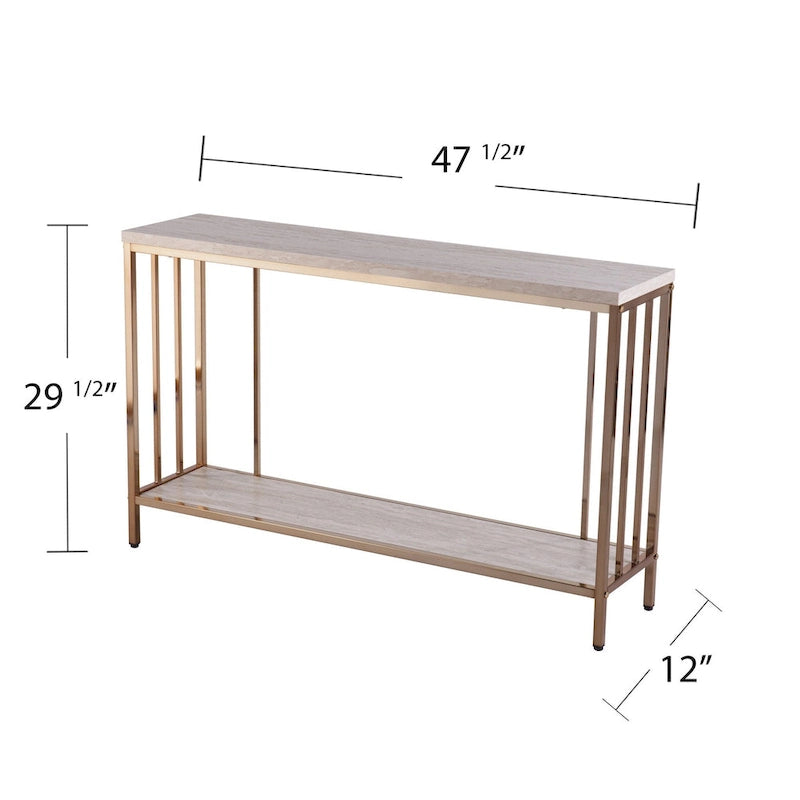 Champagne Faux Stone Rectangular Console Table with Gold Shelf Base - 47.5 L x 12 W x 29.5 H