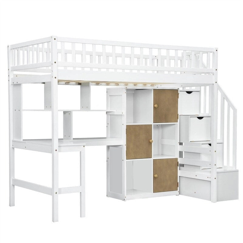 Lit mezzanine double avec bureau intégré, éclairage LED et escalier de rangement, structure de lit mezzanine en bois avec étagères et placards de rangement