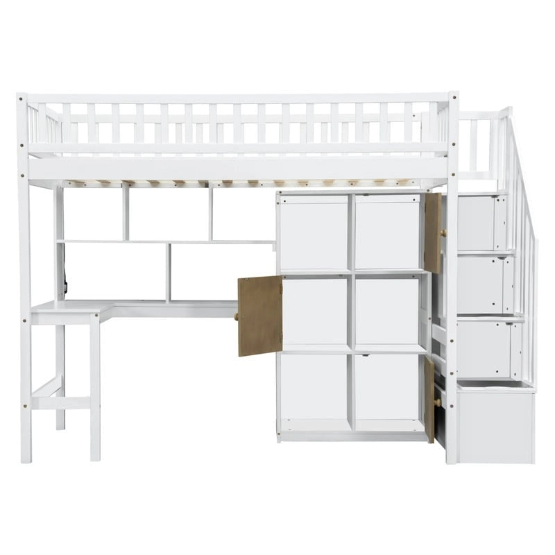 Lit mezzanine double avec bureau intégré, éclairage LED et escalier de rangement, structure de lit mezzanine en bois avec étagères et placards de rangement
