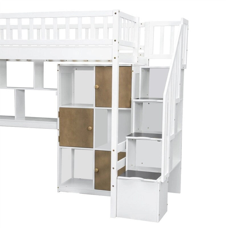 Lit mezzanine double avec bureau intégré, éclairage LED et escalier de rangement, structure de lit mezzanine en bois avec étagères et placards de rangement