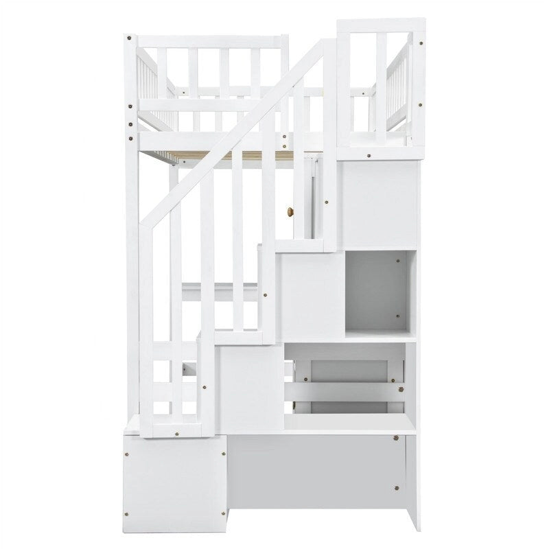 Lit mezzanine double avec bureau intégré, éclairage LED et escalier de rangement, structure de lit mezzanine en bois avec étagères et placards de rangement