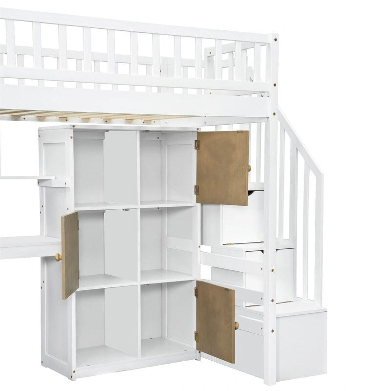 Lit mezzanine double avec bureau intégré, éclairage LED et escalier de rangement, structure de lit mezzanine en bois avec étagères et placards de rangement