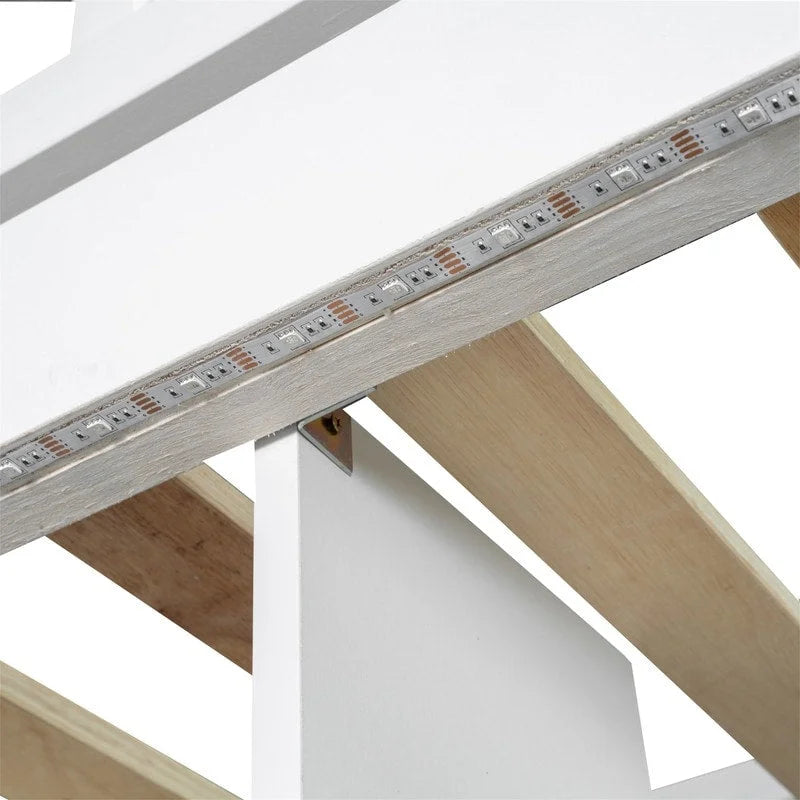 Lit mezzanine double avec bureau intégré, éclairage LED et escalier de rangement, structure de lit mezzanine en bois avec étagères et placards de rangement