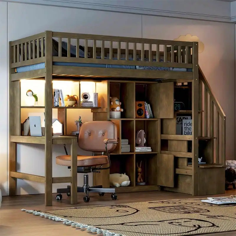 Lit mezzanine double avec bureau intégré, éclairage LED et escalier de rangement, structure de lit mezzanine en bois avec étagères et placards de rangement