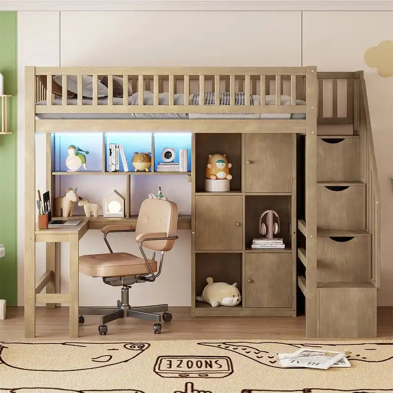 Lit mezzanine double avec bureau intégré, éclairage LED et escalier de rangement, structure de lit mezzanine en bois avec étagères et placards de rangement