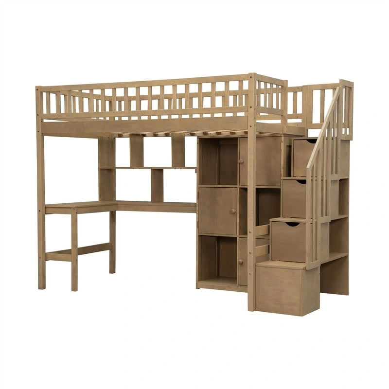 Lit mezzanine double avec bureau intégré, éclairage LED et escalier de rangement, structure de lit mezzanine en bois avec étagères et placards de rangement