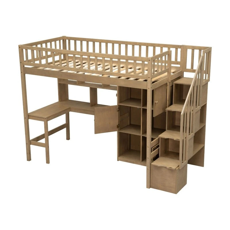 Lit mezzanine double avec bureau intégré, éclairage LED et escalier de rangement, structure de lit mezzanine en bois avec étagères et placards de rangement