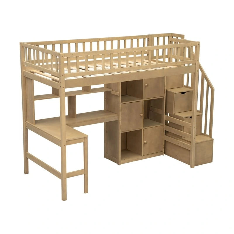 Lit mezzanine double avec bureau intégré, éclairage LED et escalier de rangement, structure de lit mezzanine en bois avec étagères et placards de rangement