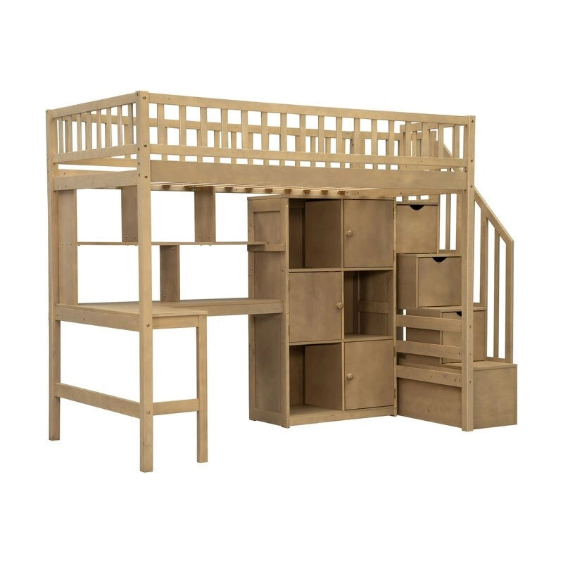 Lit mezzanine double avec bureau intégré, éclairage LED et escalier de rangement, structure de lit mezzanine en bois avec étagères et placards de rangement