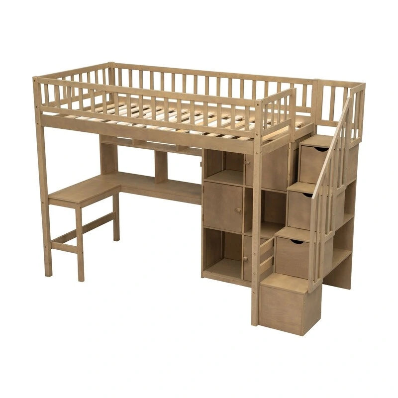Lit mezzanine double avec bureau intégré, éclairage LED et escalier de rangement, structure de lit mezzanine en bois avec étagères et placards de rangement