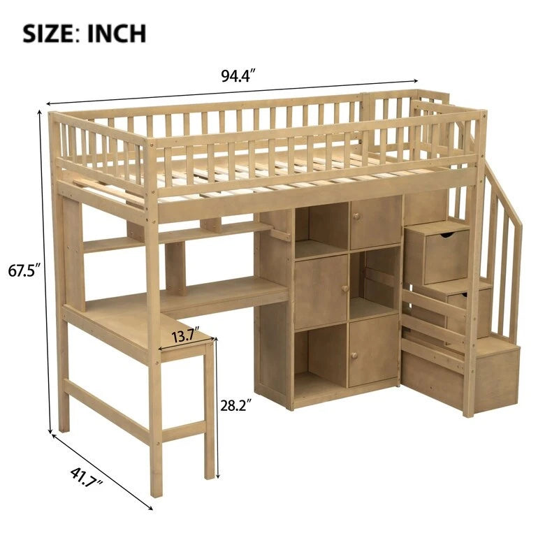 Lit mezzanine double avec bureau intégré, éclairage LED et escalier de rangement, structure de lit mezzanine en bois avec étagères et placards de rangement