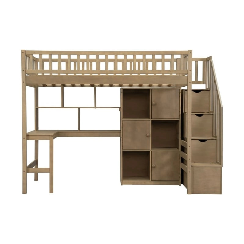 Lit mezzanine double avec bureau intégré, éclairage LED et escalier de rangement, structure de lit mezzanine en bois avec étagères et placards de rangement