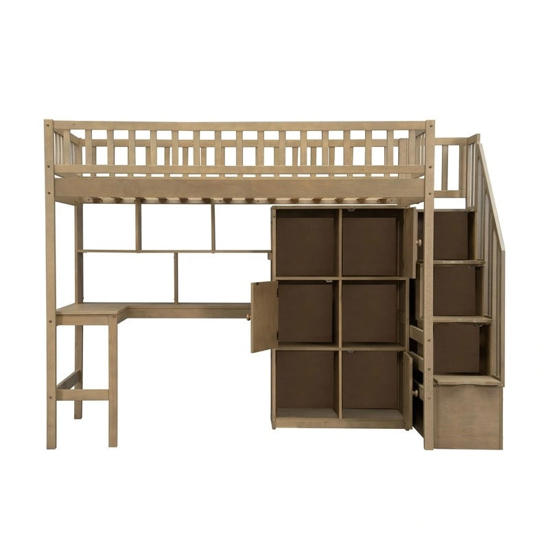 Lit mezzanine double avec bureau intégré, éclairage LED et escalier de rangement, structure de lit mezzanine en bois avec étagères et placards de rangement