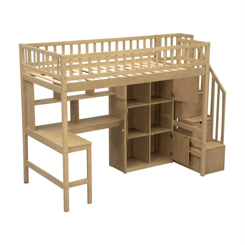 Lit mezzanine double avec bureau intégré, éclairage LED et escalier de rangement, structure de lit mezzanine en bois avec étagères et placards de rangement