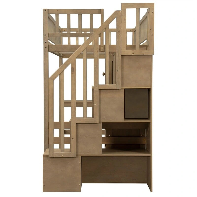 Lit mezzanine double avec bureau intégré, éclairage LED et escalier de rangement, structure de lit mezzanine en bois avec étagères et placards de rangement