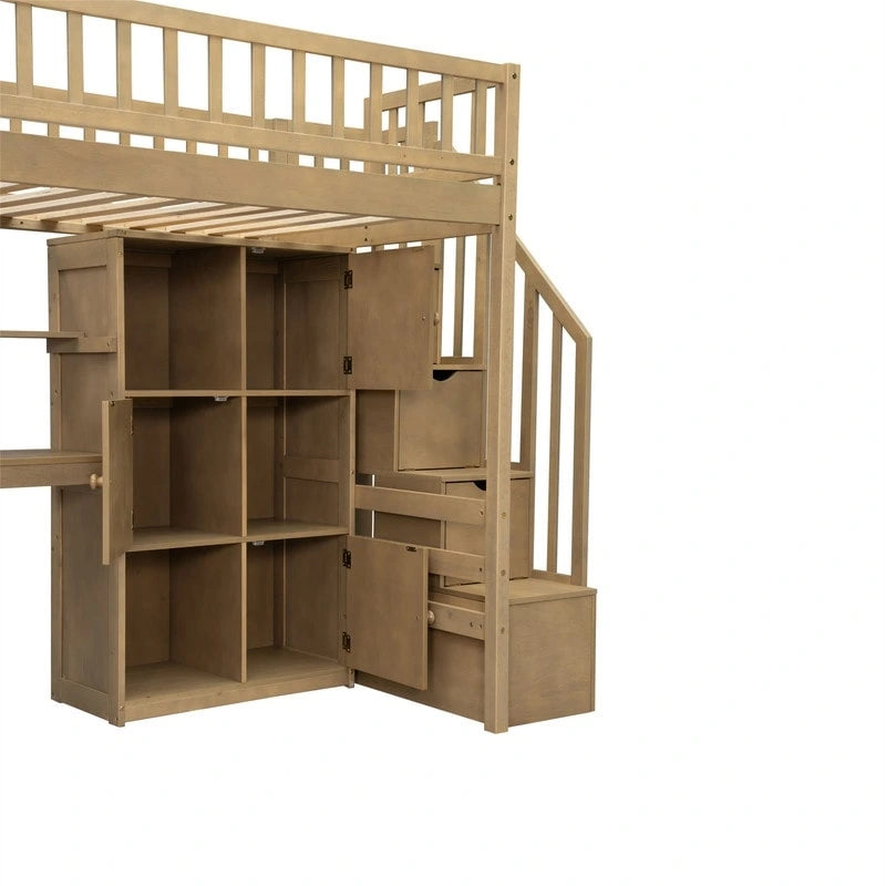 Lit mezzanine double avec bureau intégré, éclairage LED et escalier de rangement, structure de lit mezzanine en bois avec étagères et placards de rangement