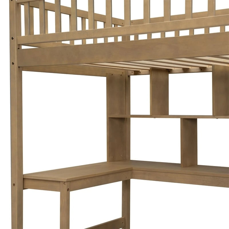 Lit mezzanine double avec bureau intégré, éclairage LED et escalier de rangement, structure de lit mezzanine en bois avec étagères et placards de rangement