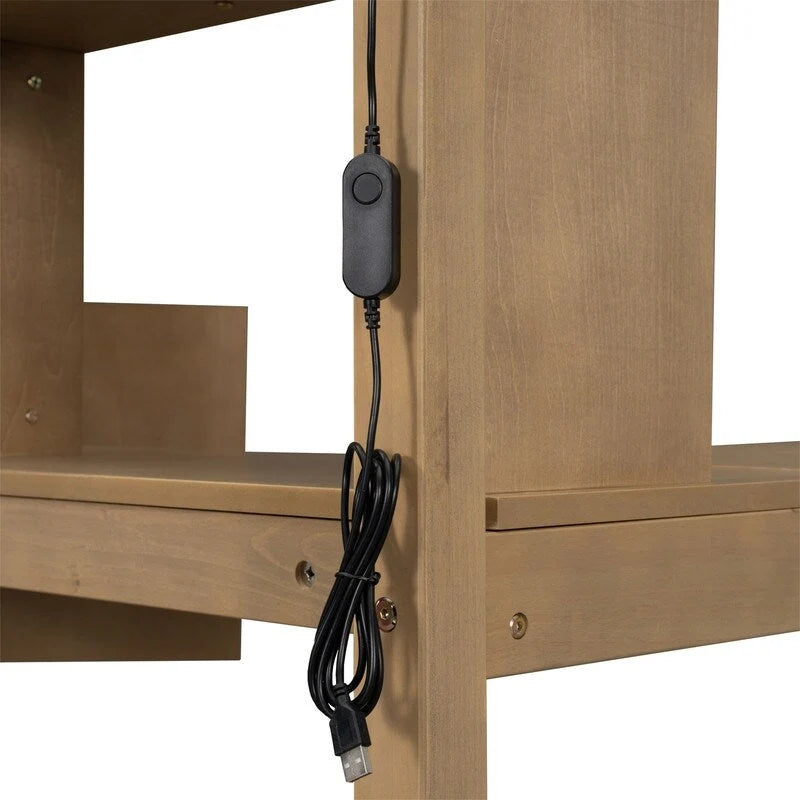 Lit mezzanine double avec bureau intégré, éclairage LED et escalier de rangement, structure de lit mezzanine en bois avec étagères et placards de rangement