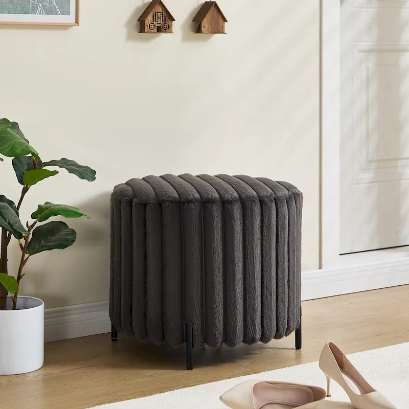22.05Wide Upholstered Round Pouf Ottoman Foot Rest with Black Metal Legs