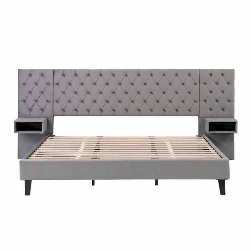 Low-Profile Platform Bed, Modern Velvet Upholstered Bed, Diamond Tufted Headboard Wingback Bed with 2 Nightstands Storage Bed