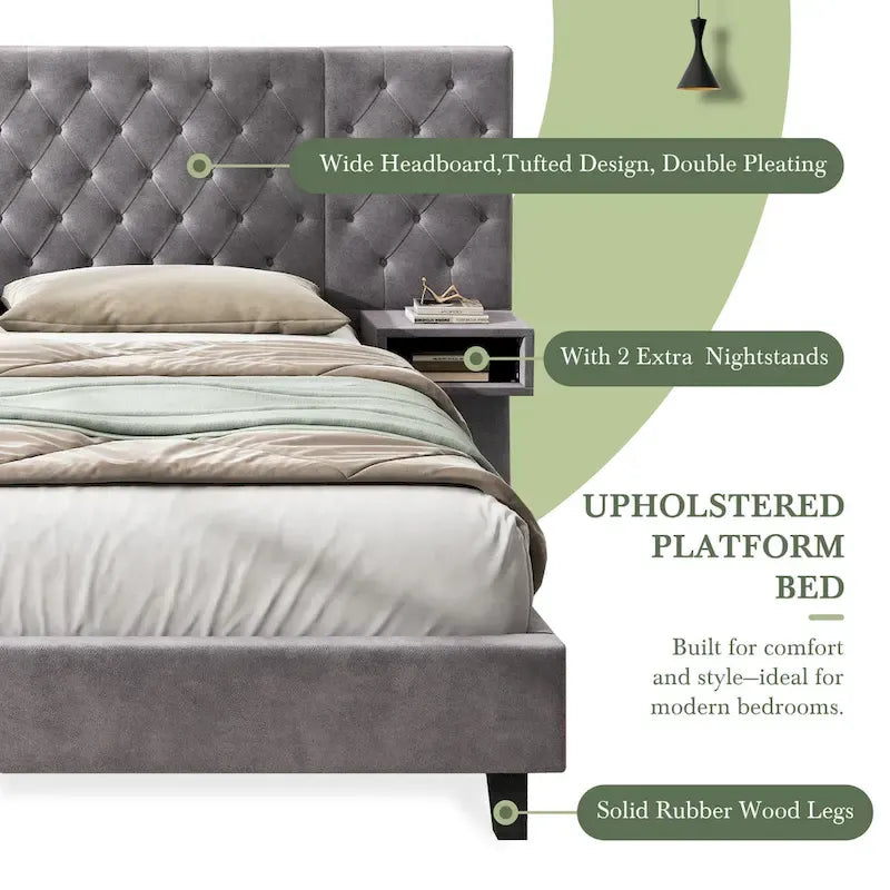 Low-Profile Platform Bed, Modern Velvet Upholstered Bed, Diamond Tufted Headboard Wingback Bed with 2 Nightstands Storage Bed