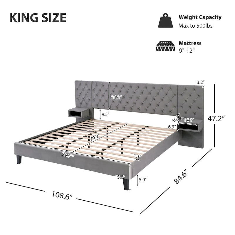 Low-Profile Platform Bed, Modern Velvet Upholstered Bed, Diamond Tufted Headboard Wingback Bed with 2 Nightstands Storage Bed