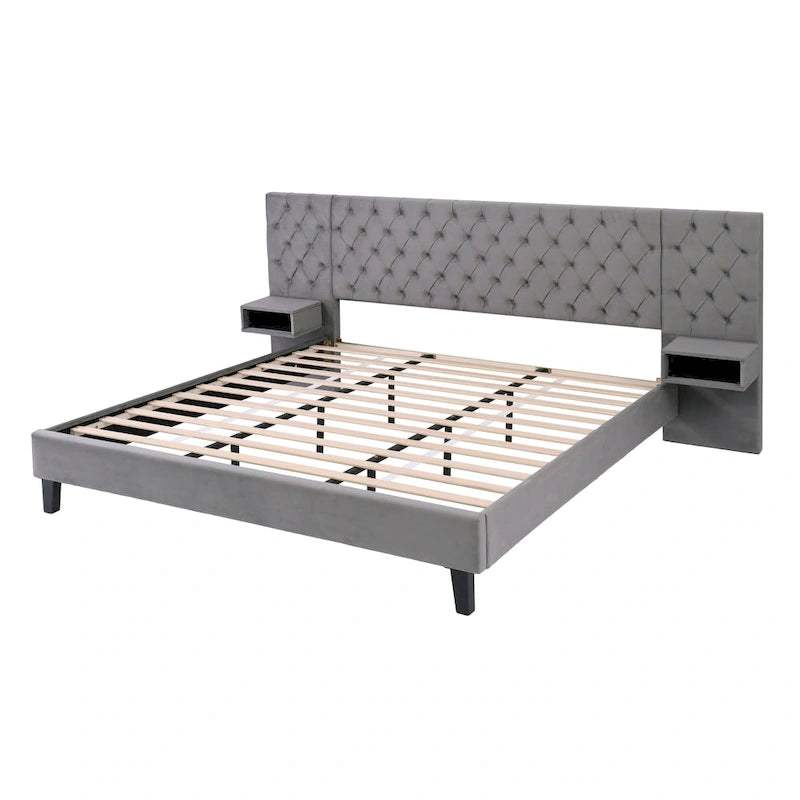Low-Profile Platform Bed, Modern Velvet Upholstered Bed, Diamond Tufted Headboard Wingback Bed with 2 Nightstands Storage Bed