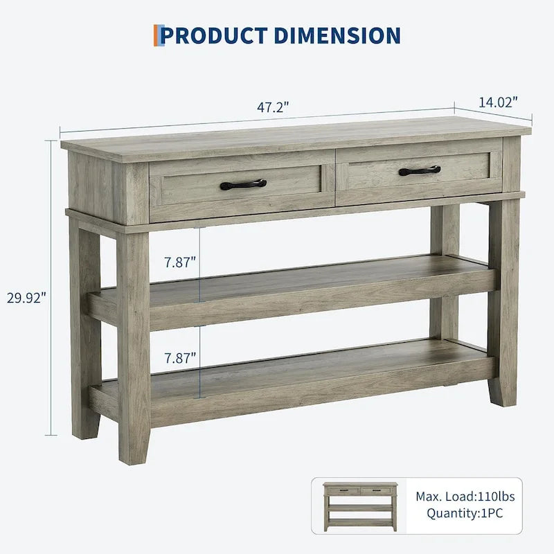 Table console de style maison de campagne, table d'entrée rustique avec 2 tiroirs et 2 étagères, table de canapé et bureau d'entrée en bois
