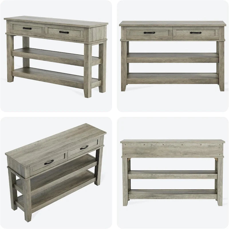 Table console de style maison de campagne, table d'entrée rustique avec 2 tiroirs et 2 étagères, table de canapé et bureau d'entrée en bois