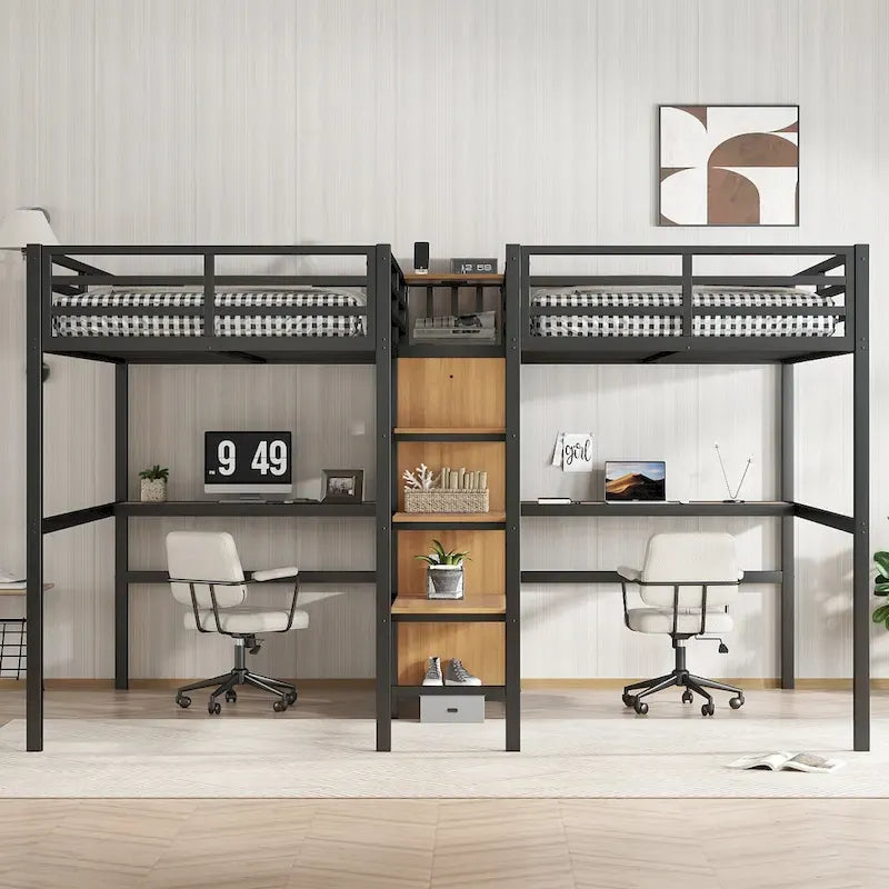 Twin Over Twin Metal Loft Bed with Double Desk and Wardrobe and Shelves with Electrical Outlet for Space Saving