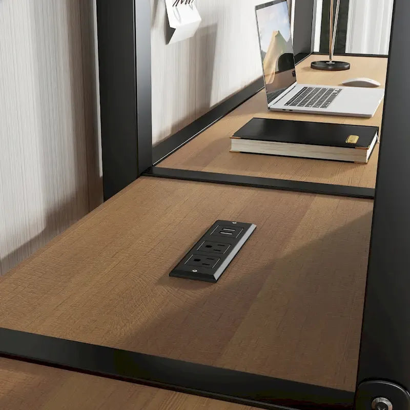 Twin Over Twin Metal Loft Bed with Double Desk and Wardrobe and Shelves with Electrical Outlet for Space Saving