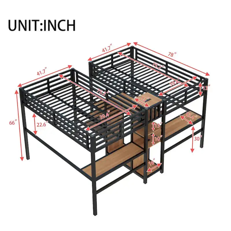 Twin Over Twin Metal Loft Bed with Double Desk and Wardrobe and Shelves with Electrical Outlet for Space Saving
