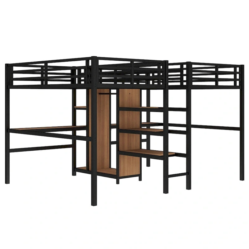 Twin Over Twin Metal Loft Bed with Double Desk and Wardrobe and Shelves with Electrical Outlet for Space Saving