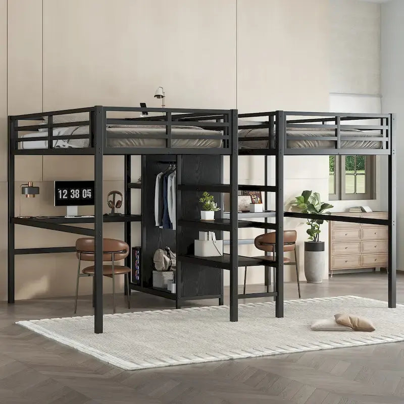 Twin Over Twin Metal Loft Bed with Double Desk and Wardrobe and Shelves with Electrical Outlet for Space Saving