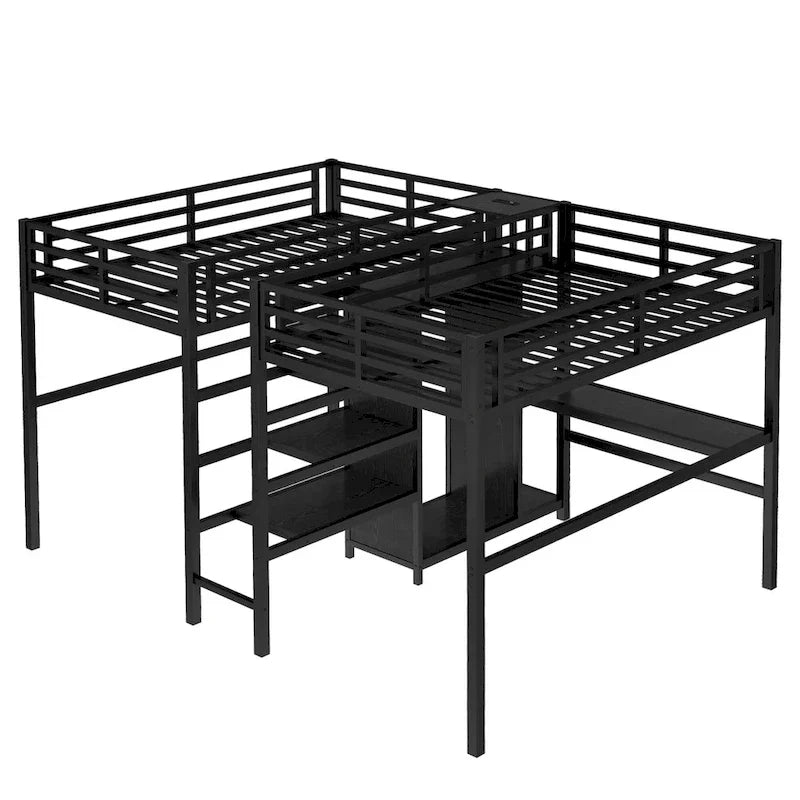 Twin Over Twin Metal Loft Bed with Double Desk and Wardrobe and Shelves with Electrical Outlet for Space Saving