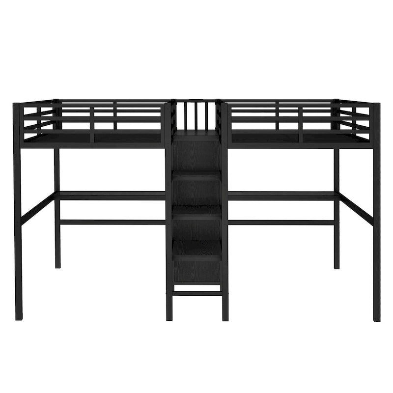 Twin Over Twin Metal Loft Bed with Double Desk and Wardrobe and Shelves with Electrical Outlet for Space Saving