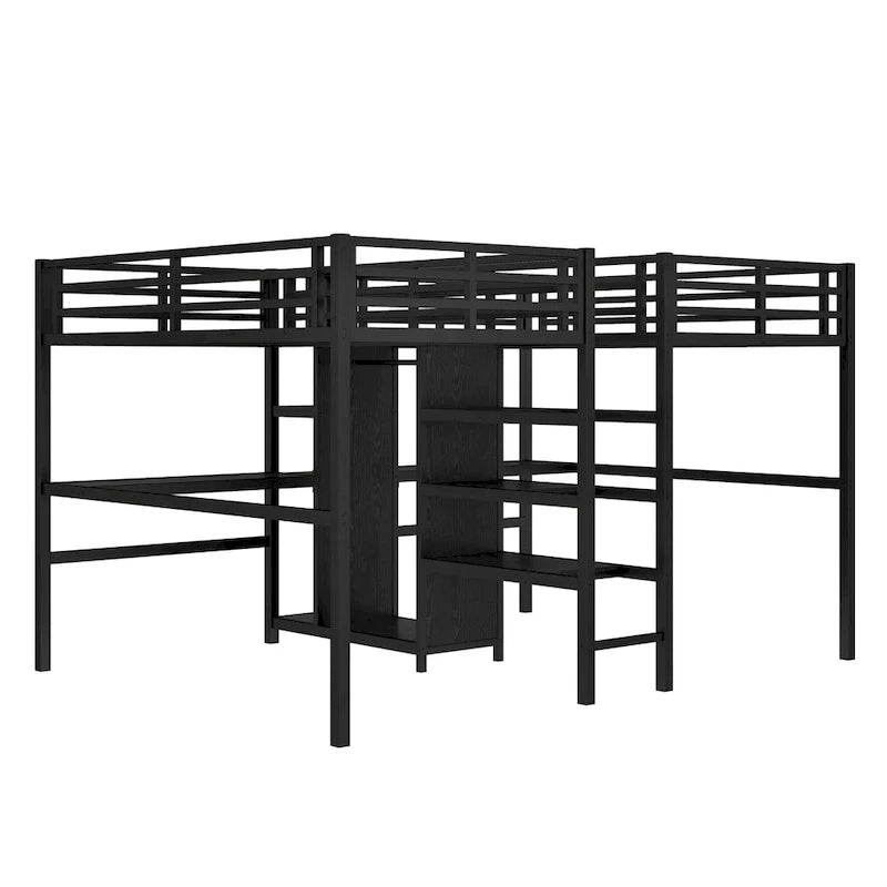 Twin Over Twin Metal Loft Bed with Double Desk and Wardrobe and Shelves with Electrical Outlet for Space Saving