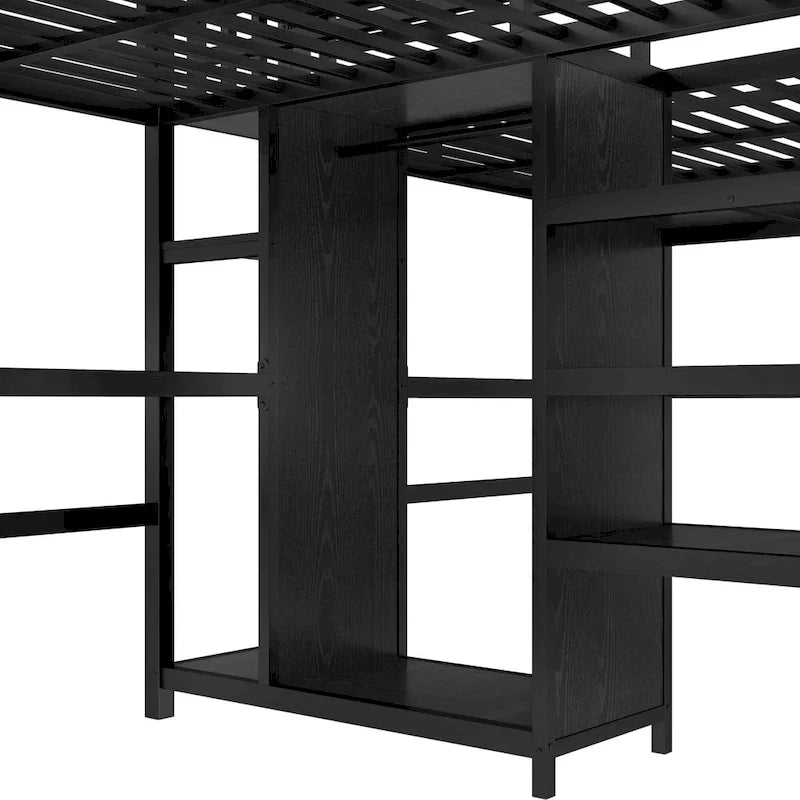 Twin Over Twin Metal Loft Bed with Double Desk and Wardrobe and Shelves with Electrical Outlet for Space Saving