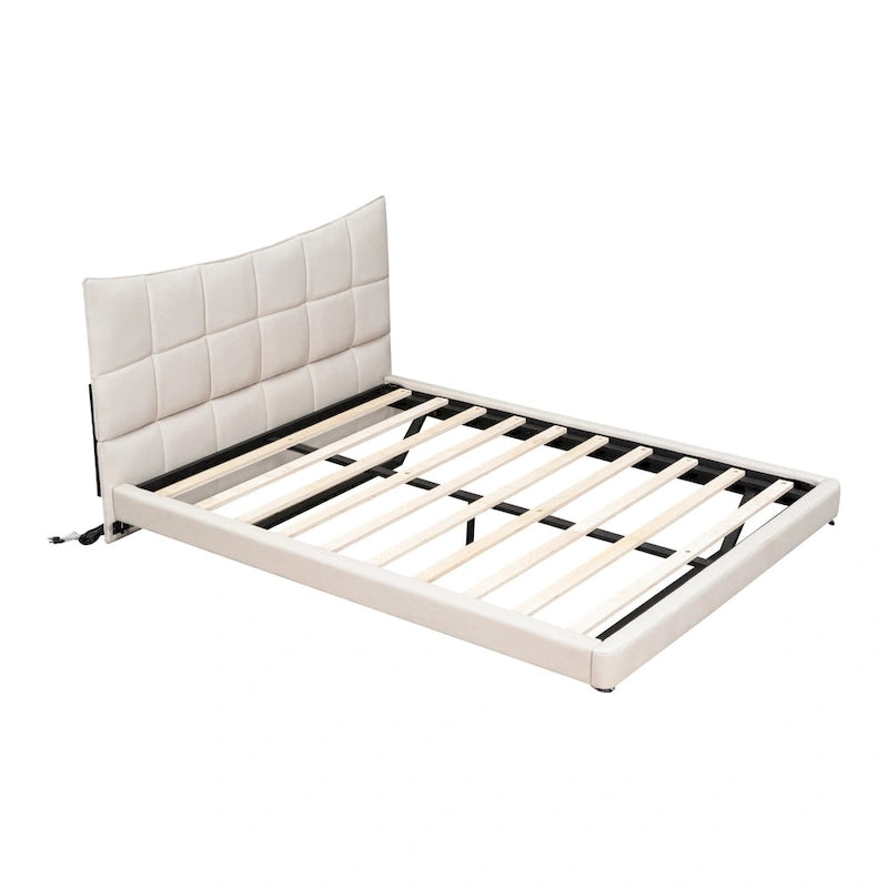 Beige Queen Size Upholstered Platform Bed with LED Lights and U-Shaped Headboard