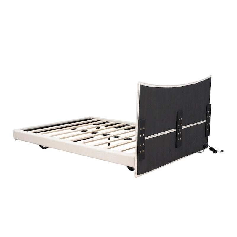 Beige Queen Size Upholstered Platform Bed with LED Lights and U-Shaped Headboard