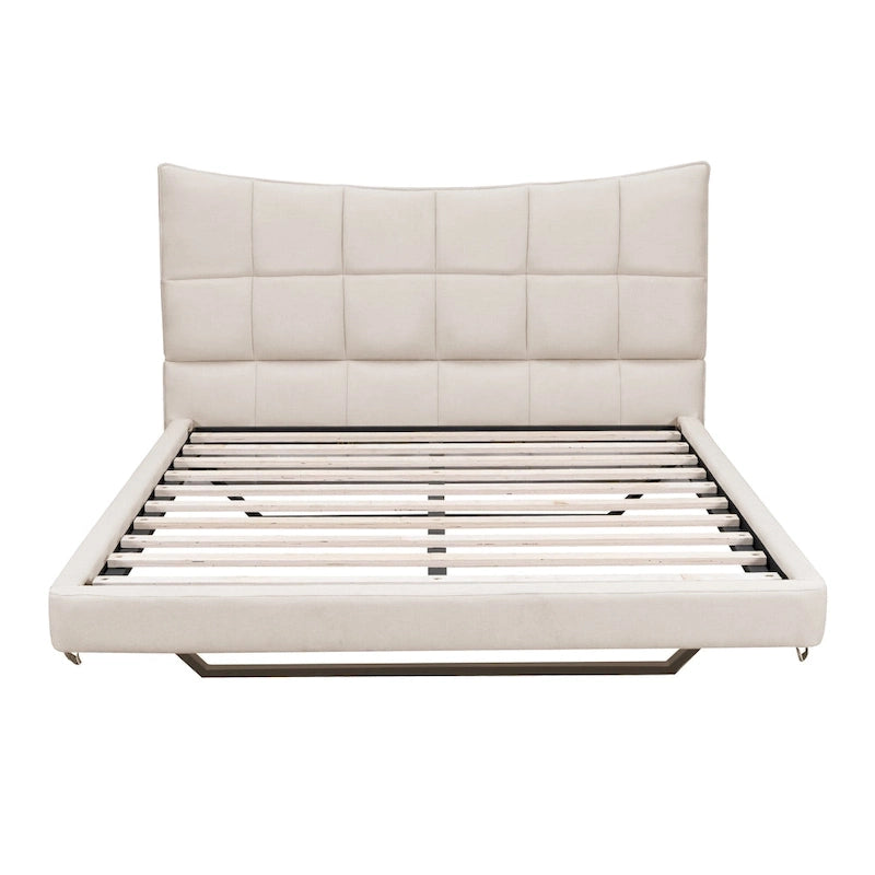 Beige Queen Size Upholstered Platform Bed with LED Lights and U-Shaped Headboard