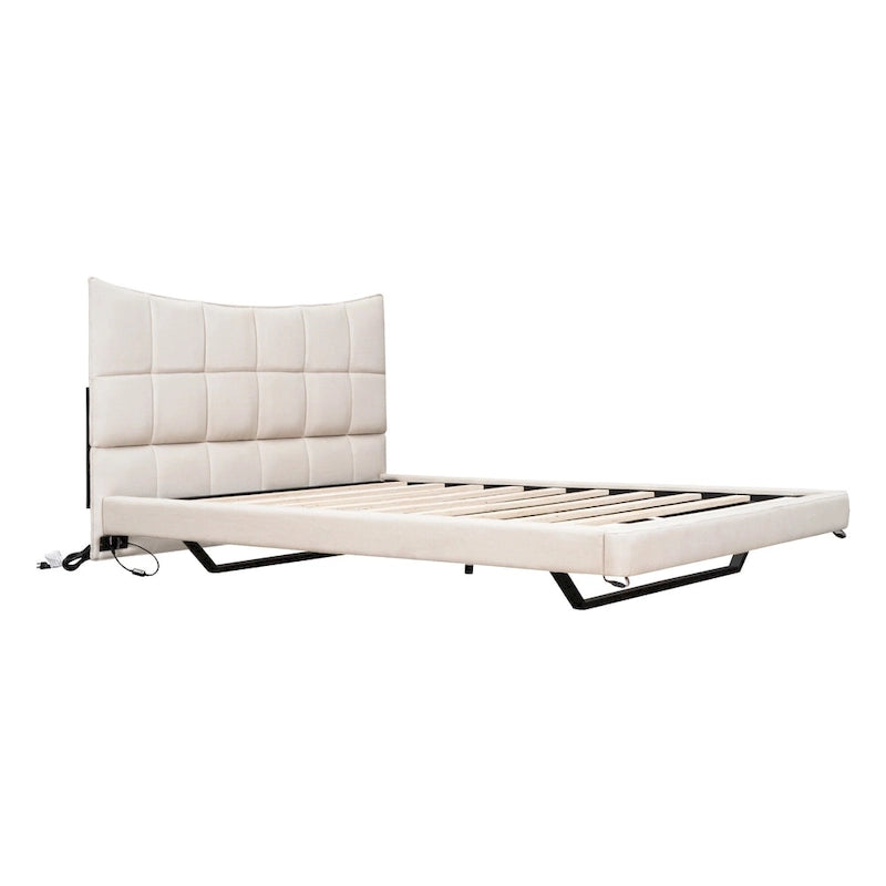 Beige Queen Size Upholstered Platform Bed with LED Lights and U-Shaped Headboard