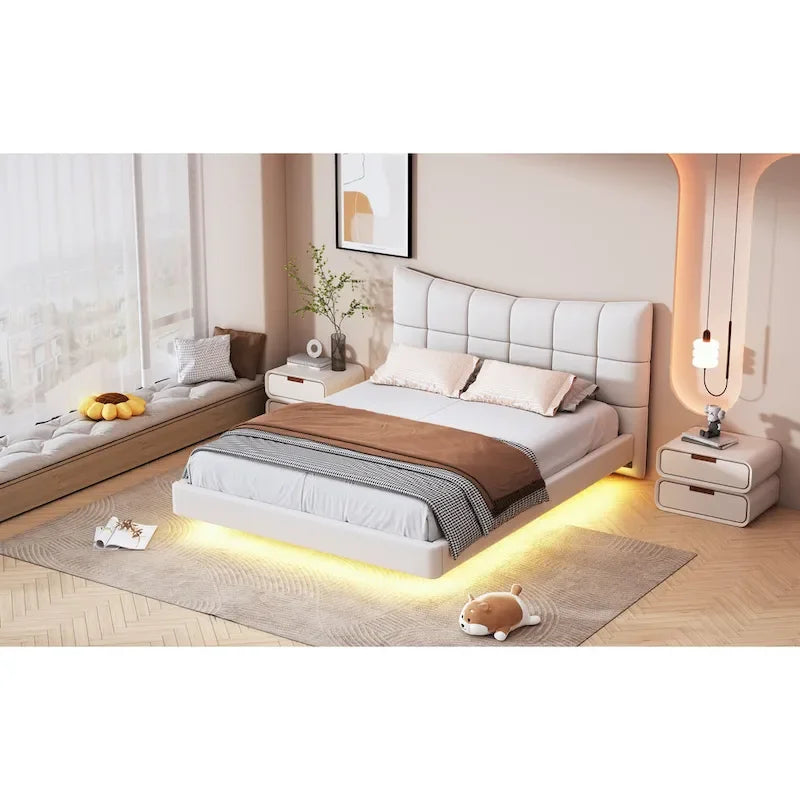 Beige Queen Size Upholstered Platform Bed with LED Lights and U-Shaped Headboard